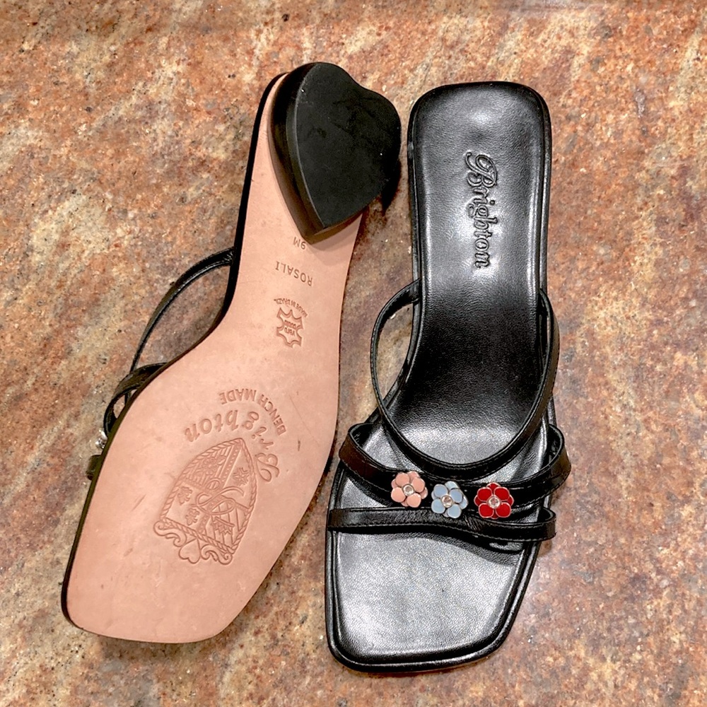 Brighton Black Leather Strap Sandals with Floral Accents NWOT